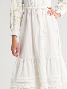Damson Madder White Button-Front Maxi Dress with Drawstring Waist